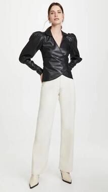 AJE Idyllic Black Faux Leather Wrap Top Long Sleeve US 8 AU 12